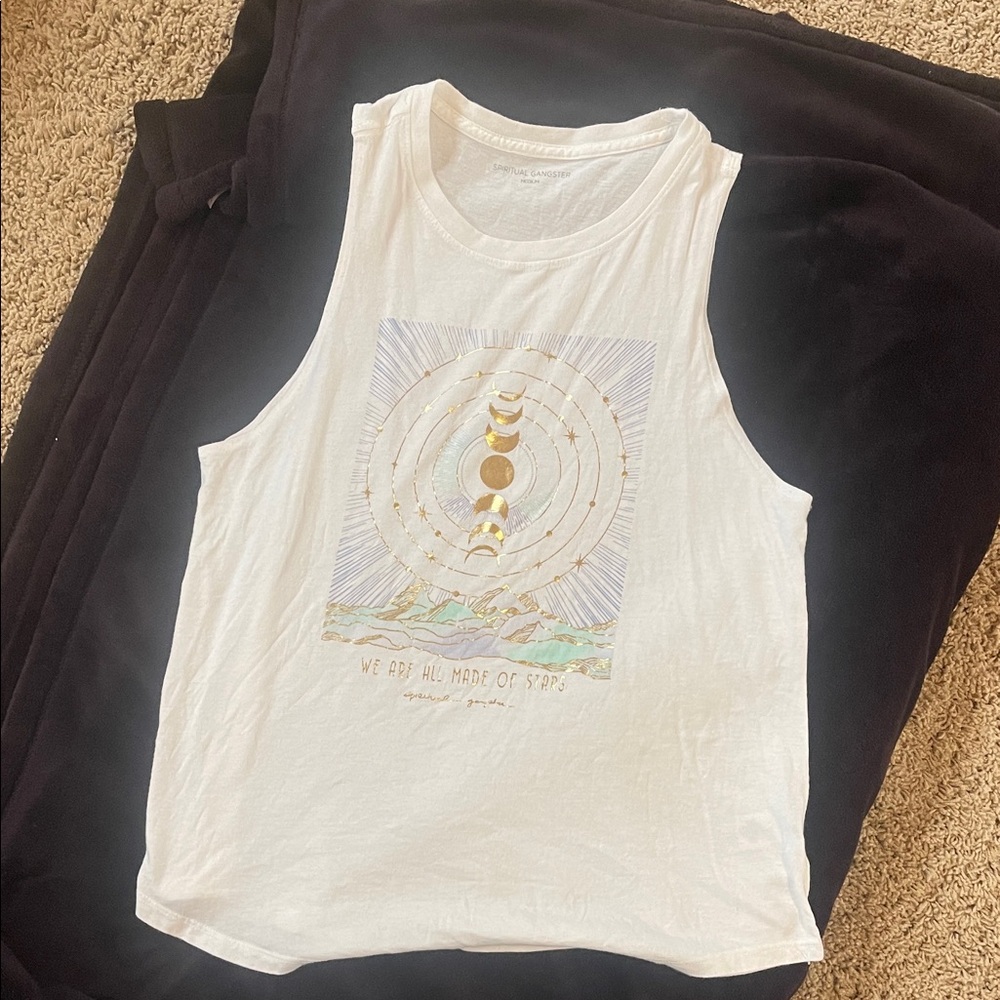 Spiritual Gangster White Tank Top with Gold Accents